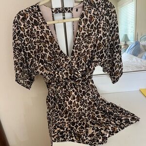 Leopard Print V-Neck Wrap shorts Romper in Beige & Brown chettah print.